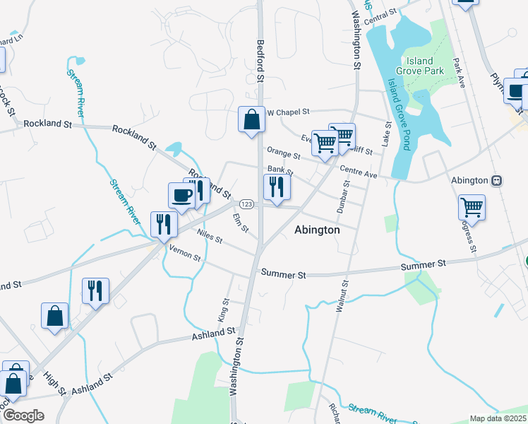 map of restaurants, bars, coffee shops, grocery stores, and more near 55 Bedford Street in Abington