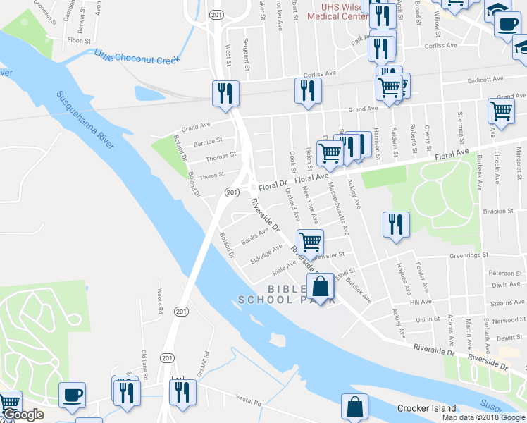 map of restaurants, bars, coffee shops, grocery stores, and more near Riverside Drive & Schulte Avenue in Johnson City