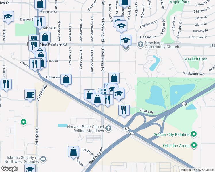 map of restaurants, bars, coffee shops, grocery stores, and more near 245 South Park Lane in Palatine