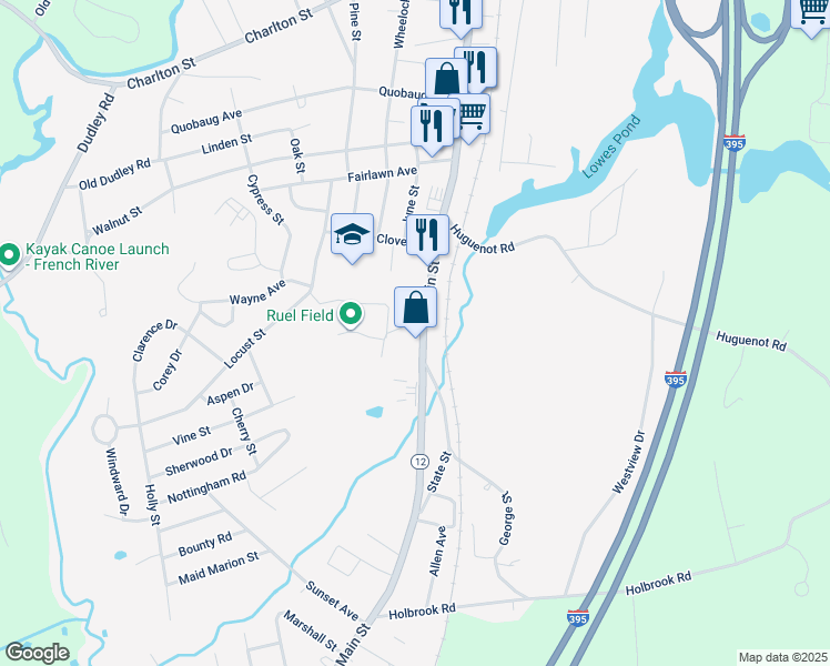 map of restaurants, bars, coffee shops, grocery stores, and more near 104 State Street in Oxford