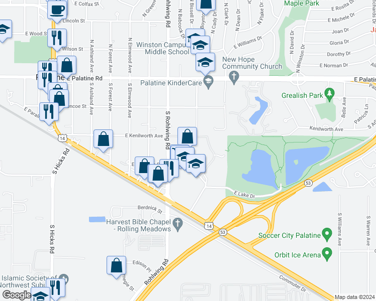 map of restaurants, bars, coffee shops, grocery stores, and more near 245 South Park Lane in Palatine