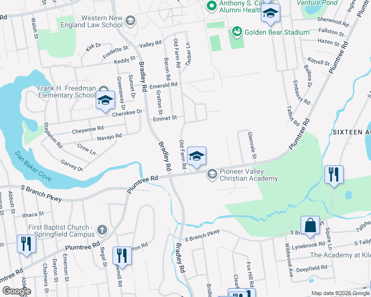 map of restaurants, bars, coffee shops, grocery stores, and more near 31 Old Farm Road in Springfield
