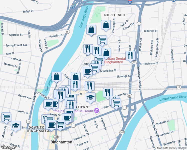 map of restaurants, bars, coffee shops, grocery stores, and more near 240 Chenango Street in Binghamton
