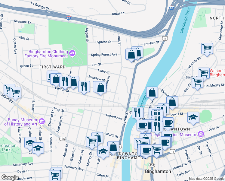 map of restaurants, bars, coffee shops, grocery stores, and more near 179 Oak Street in Binghamton