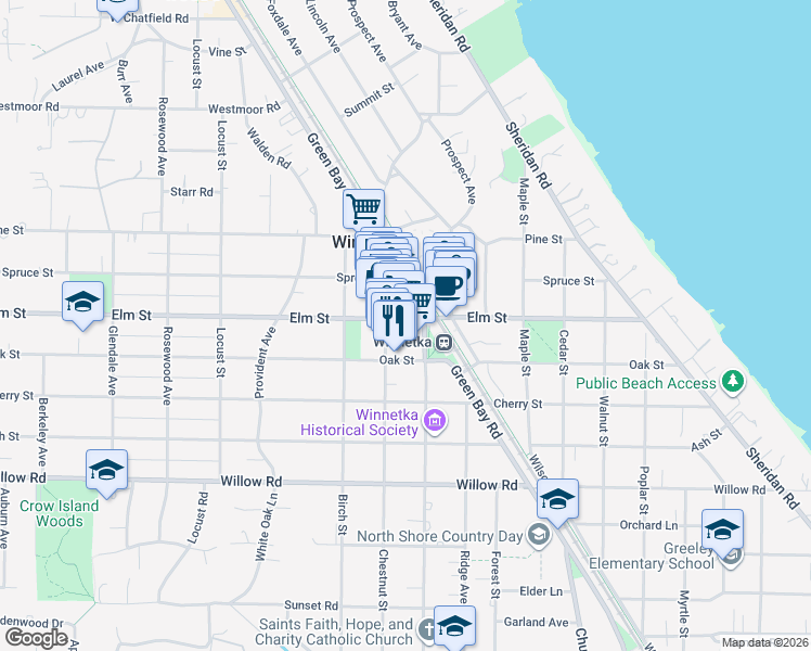 map of restaurants, bars, coffee shops, grocery stores, and more near 505 Chestnut Street in Winnetka