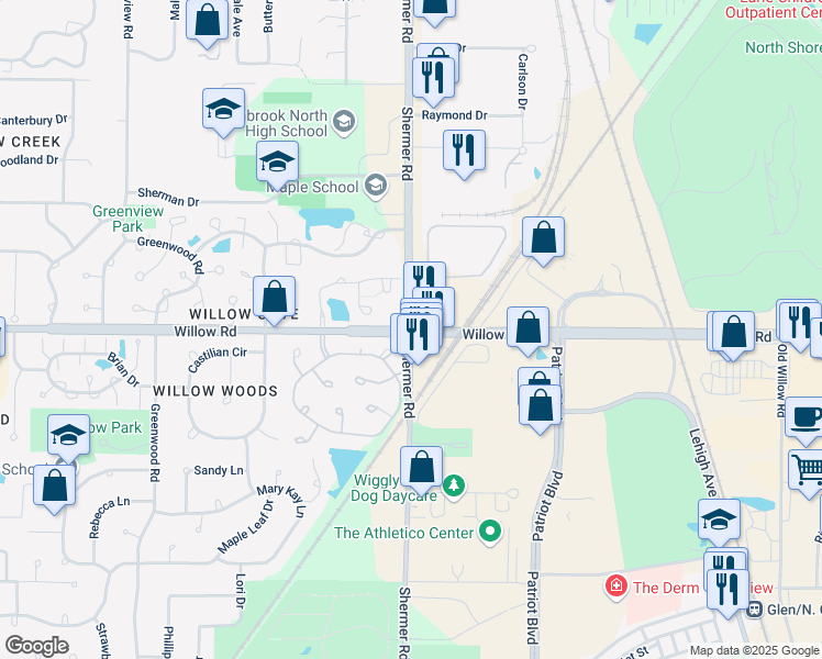 map of restaurants, bars, coffee shops, grocery stores, and more near Willow Road & Shermer Road in Northbrook
