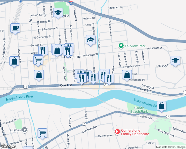 map of restaurants, bars, coffee shops, grocery stores, and more near 6 Bigelow Street in Binghamton