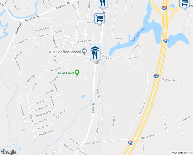 map of restaurants, bars, coffee shops, grocery stores, and more near 190 Main Street in Oxford