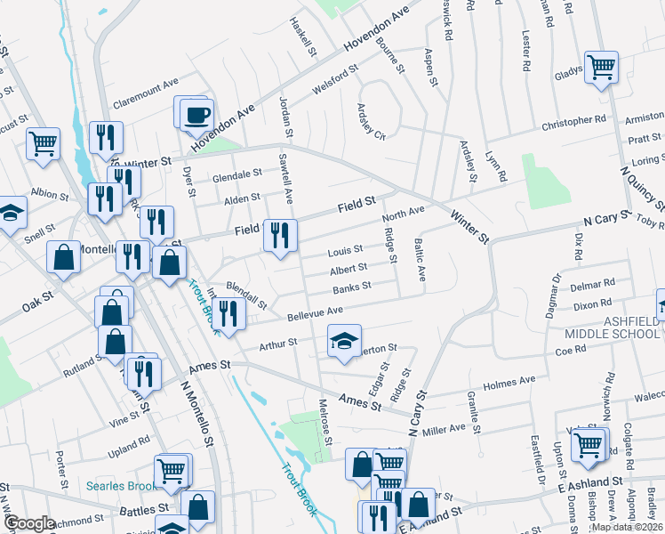 map of restaurants, bars, coffee shops, grocery stores, and more near 42 Banks Street in Brockton