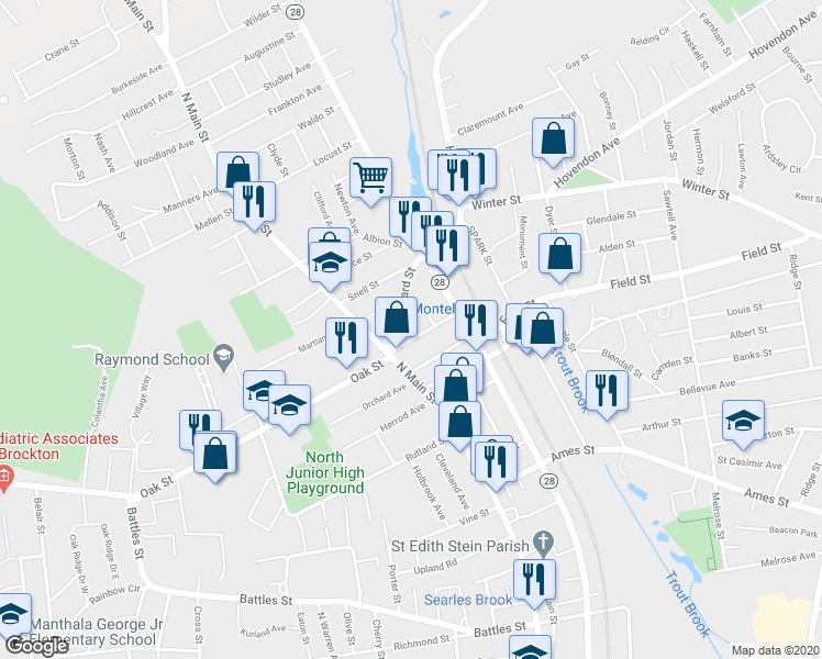 map of restaurants, bars, coffee shops, grocery stores, and more near 829 North Main Street in Brockton