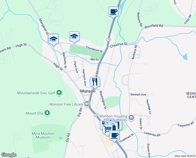 map of restaurants, bars, coffee shops, grocery stores, and more near 31-49 Main Street in Monson
