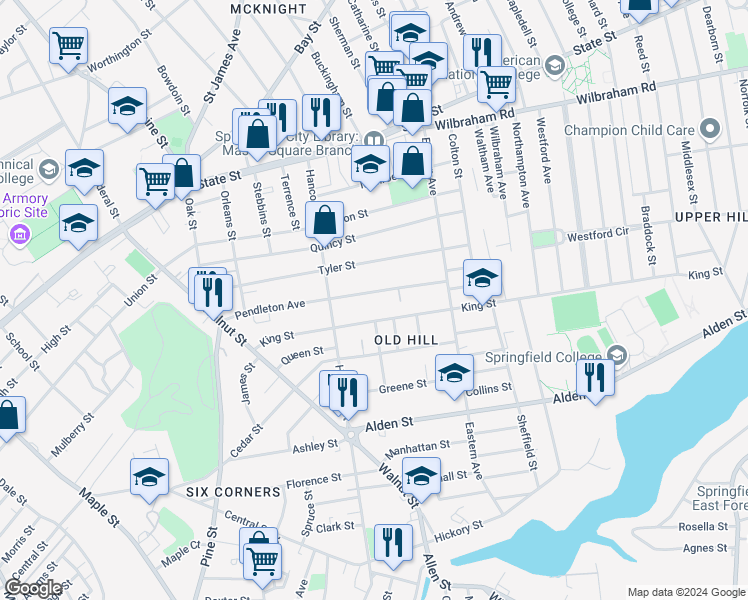 map of restaurants, bars, coffee shops, grocery stores, and more near 161 King Street in Springfield