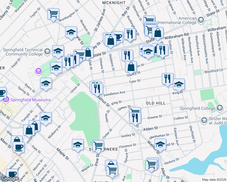 map of restaurants, bars, coffee shops, grocery stores, and more near 25 Pendleton Avenue in Springfield