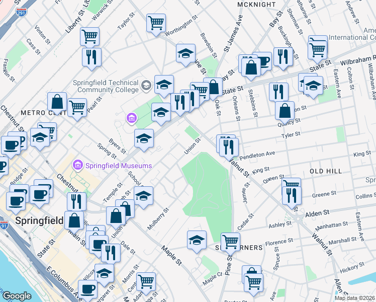 map of restaurants, bars, coffee shops, grocery stores, and more near 399-401 Union St in Springfield