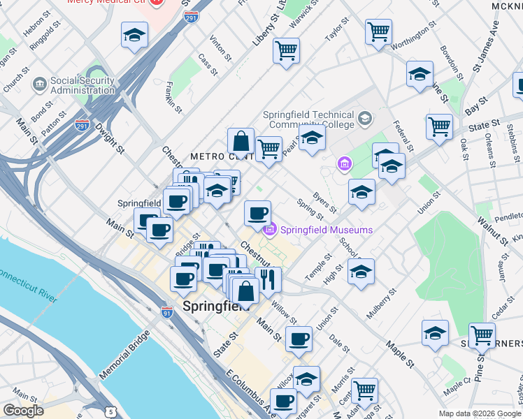 map of restaurants, bars, coffee shops, grocery stores, and more near 41 Mattoon Street in Springfield