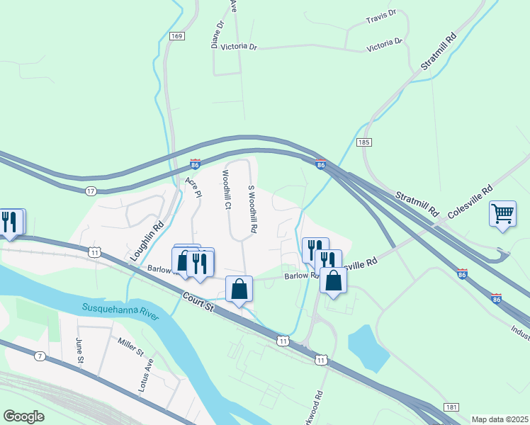 map of restaurants, bars, coffee shops, grocery stores, and more near 40 South Woodhill Avenue in Binghamton