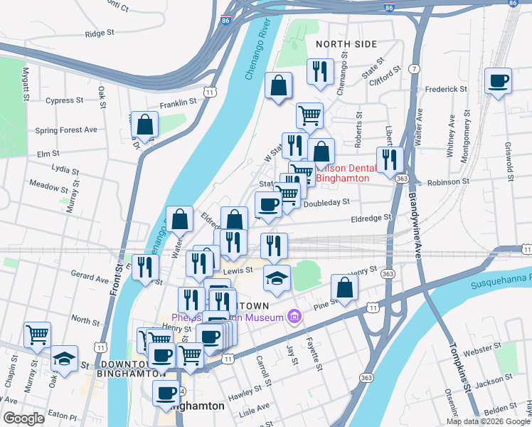 map of restaurants, bars, coffee shops, grocery stores, and more near 26 Eldredge Street in Binghamton