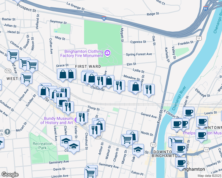 map of restaurants, bars, coffee shops, grocery stores, and more near 41 Clinton St in Binghamton
