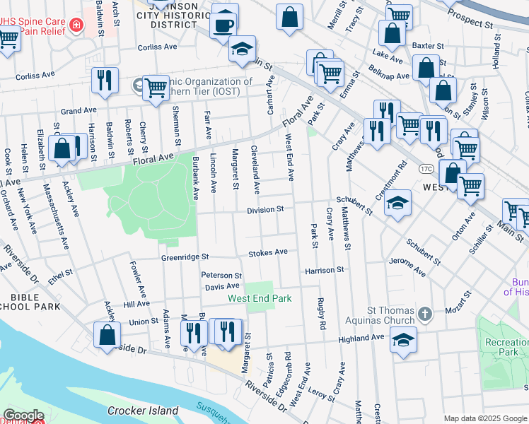 map of restaurants, bars, coffee shops, grocery stores, and more near 12 Cleveland Avenue in Binghamton