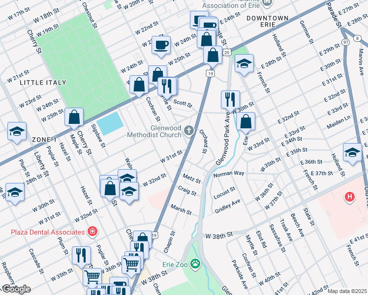 map of restaurants, bars, coffee shops, grocery stores, and more near in Erie