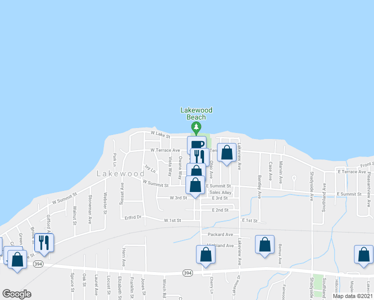 map of restaurants, bars, coffee shops, grocery stores, and more near 4 West Terrace Avenue in Lakewood