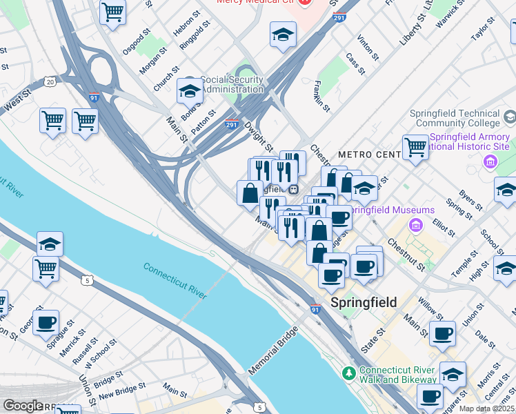 map of restaurants, bars, coffee shops, grocery stores, and more near 1771 Main Street in Springfield
