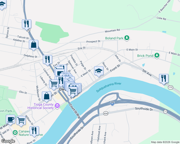 map of restaurants, bars, coffee shops, grocery stores, and more near 294 Main Street in Owego