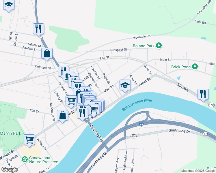 map of restaurants, bars, coffee shops, grocery stores, and more near 279 Main Street in Owego
