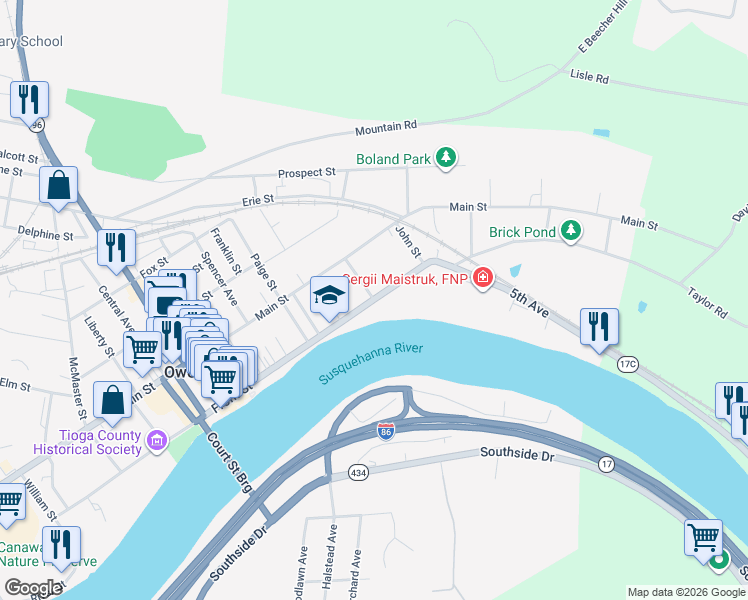 map of restaurants, bars, coffee shops, grocery stores, and more near Front Street & Ross Street in Owego