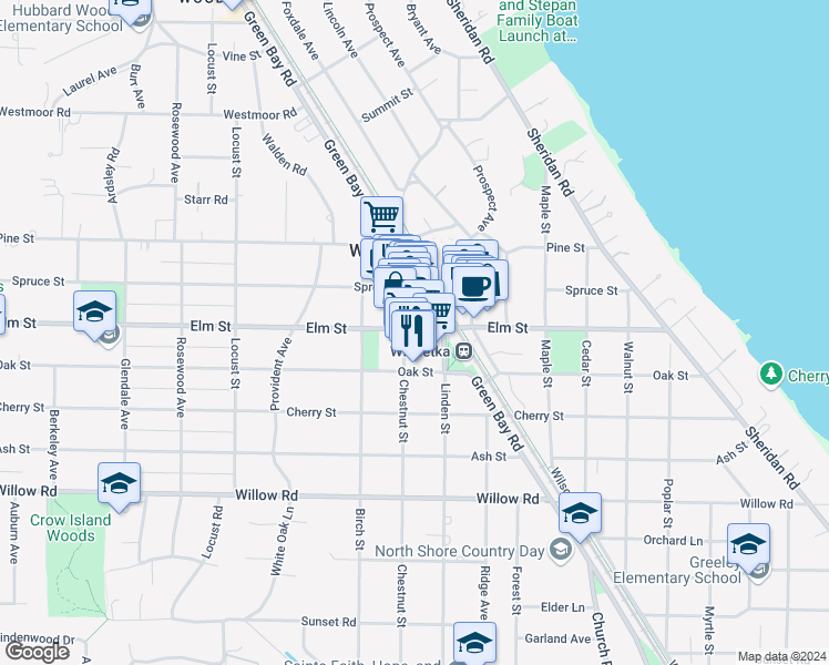 map of restaurants, bars, coffee shops, grocery stores, and more near 812 Elm Street in Winnetka