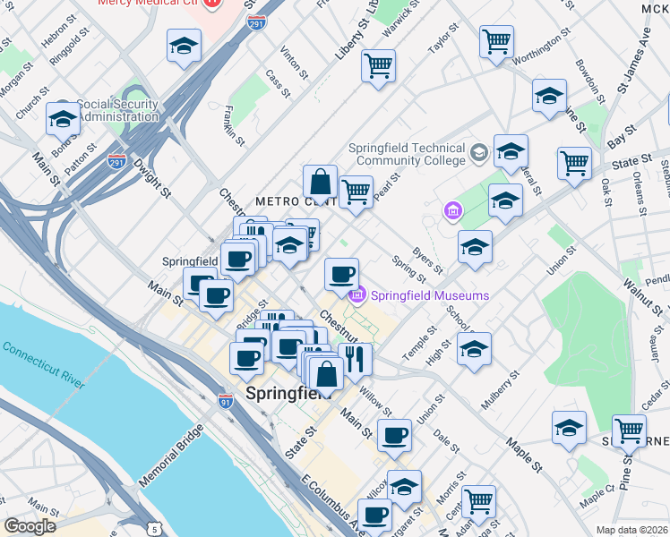 map of restaurants, bars, coffee shops, grocery stores, and more near 52 Mattoon Street in Springfield