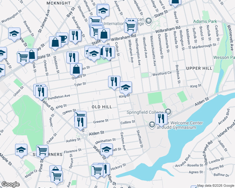 map of restaurants, bars, coffee shops, grocery stores, and more near 199 Eastern Avenue in Springfield