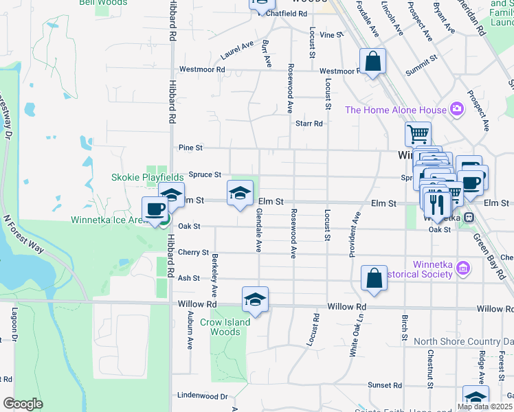 map of restaurants, bars, coffee shops, grocery stores, and more near 520 Glendale Avenue in Winnetka