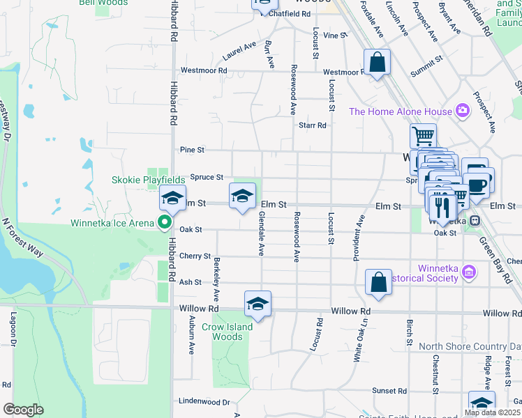 map of restaurants, bars, coffee shops, grocery stores, and more near 520 Glendale Avenue in Winnetka