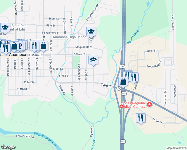 map of restaurants, bars, coffee shops, grocery stores, and more near 204 Hamilton Street in Anamosa