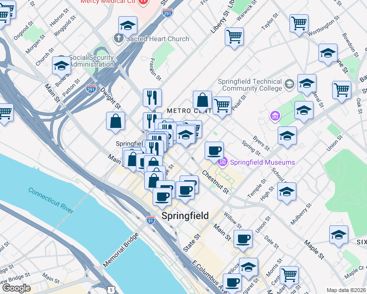 map of restaurants, bars, coffee shops, grocery stores, and more near Chestnut St & Winter St in Springfield