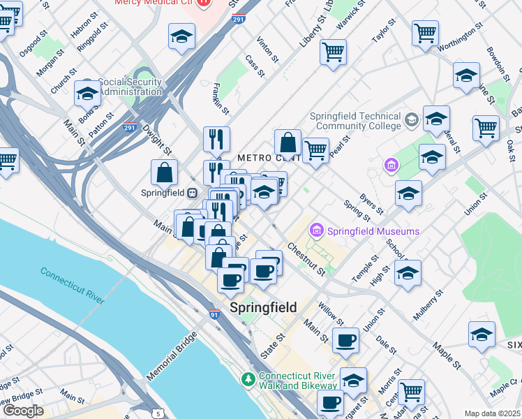 map of restaurants, bars, coffee shops, grocery stores, and more near Chestnut St & Winter St in Springfield