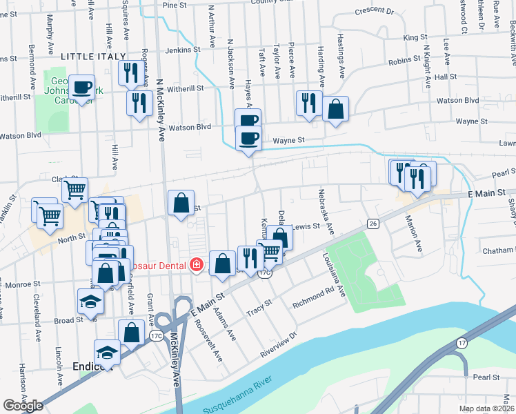 map of restaurants, bars, coffee shops, grocery stores, and more near 6 Kentucky Avenue in Endicott