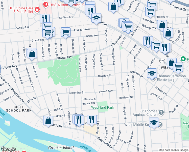 map of restaurants, bars, coffee shops, grocery stores, and more near 45 Margaret Street in Binghamton