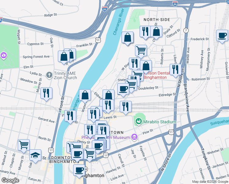 map of restaurants, bars, coffee shops, grocery stores, and more near 375 State Street in Binghamton