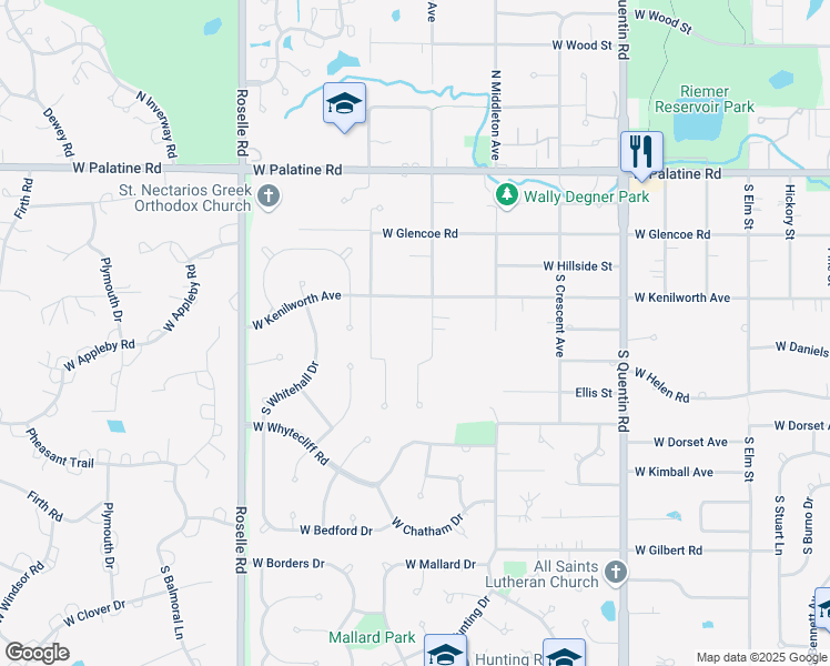 map of restaurants, bars, coffee shops, grocery stores, and more near 208 South Clyde Avenue in Palatine