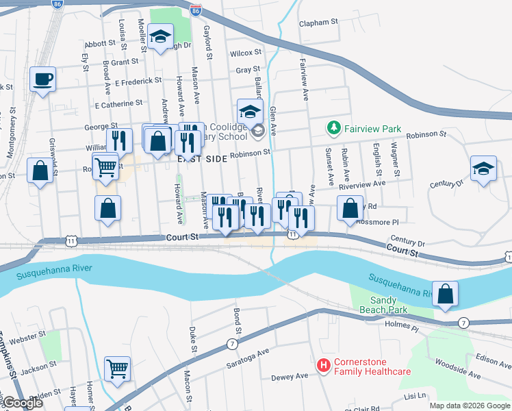 map of restaurants, bars, coffee shops, grocery stores, and more near 28-30 Bigelow Street in Binghamton