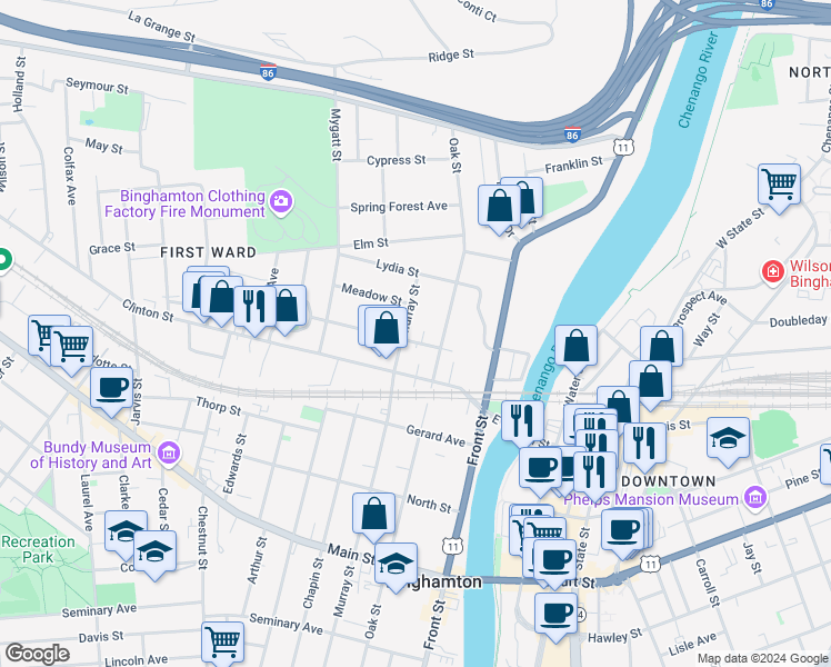 map of restaurants, bars, coffee shops, grocery stores, and more near 179 Oak Street in Binghamton