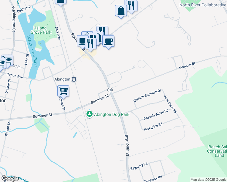 map of restaurants, bars, coffee shops, grocery stores, and more near 868 Plymouth Street in Abington