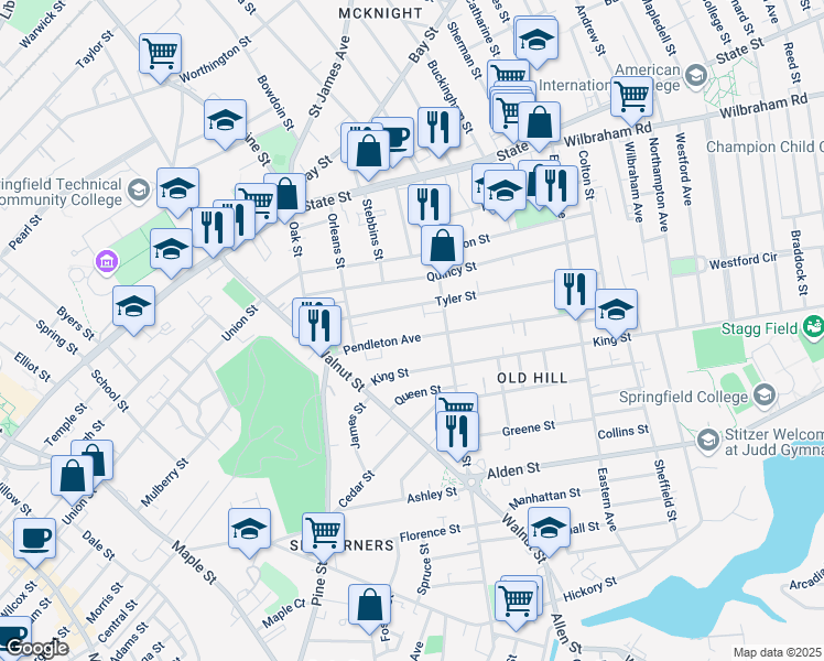 map of restaurants, bars, coffee shops, grocery stores, and more near 88 Tyler Street in Springfield