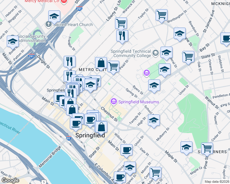 map of restaurants, bars, coffee shops, grocery stores, and more near 18 Salem Street in Springfield