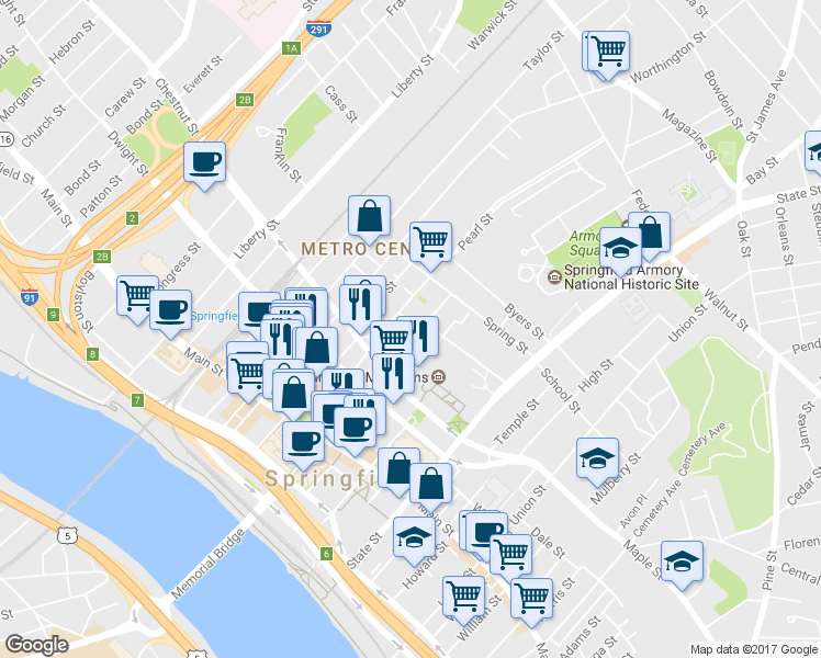 map of restaurants, bars, coffee shops, grocery stores, and more near 18 Salem Street in Springfield