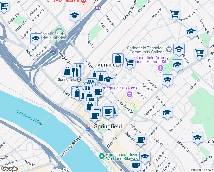 map of restaurants, bars, coffee shops, grocery stores, and more near in Springfield