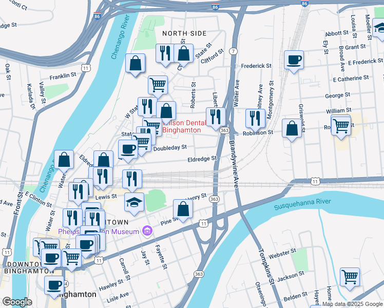 map of restaurants, bars, coffee shops, grocery stores, and more near 12 Emmett Street in Binghamton