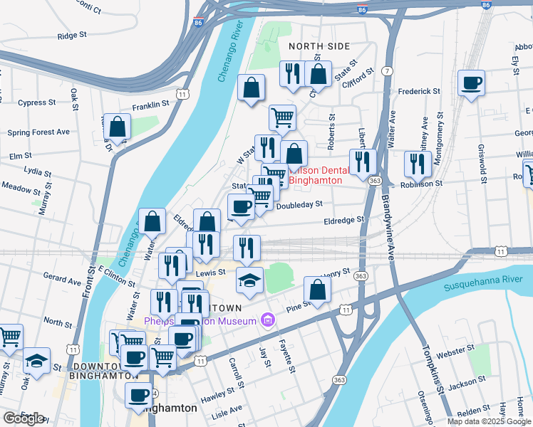 map of restaurants, bars, coffee shops, grocery stores, and more near 149 Prospect Avenue in Binghamton